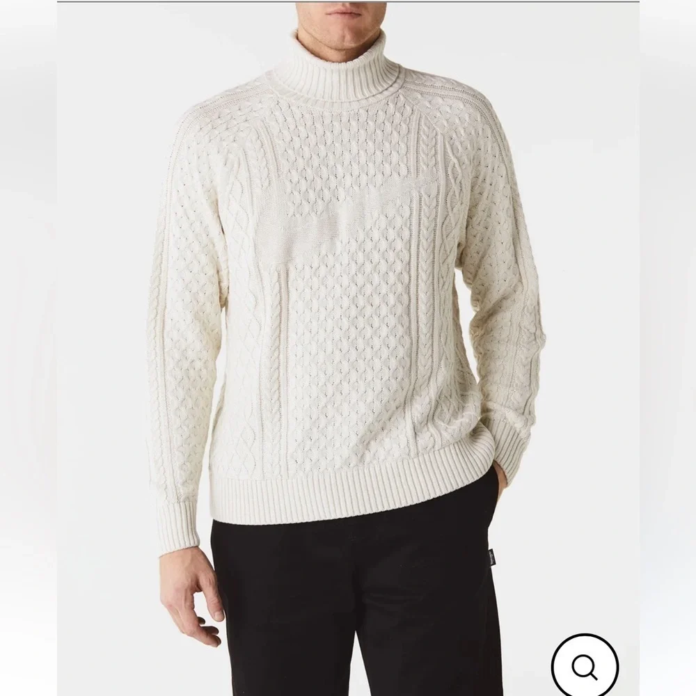 Nike Life Mens Cable Knit Turtleneck Off White Chunky Relaxed Large Sweater NWT